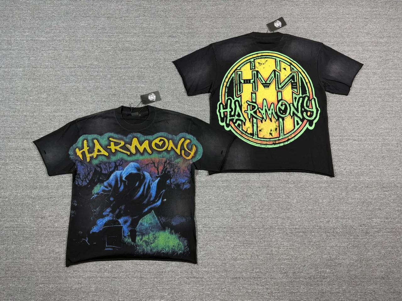 Black Multicolor Distressed Cotton Tee Double-Sided Graphic Print T-Shirt 2