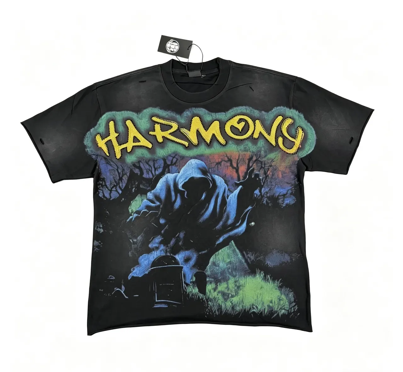 Black Multicolor Distressed Cotton Tee Double-Sided Graphic Print T-Shirt 7