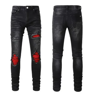 Black Red Distressed Slim-Fit Jeans