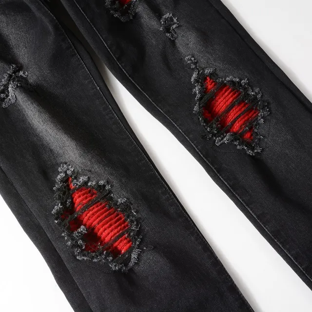 Black Red Distressed Slim-Fit Jeans 6