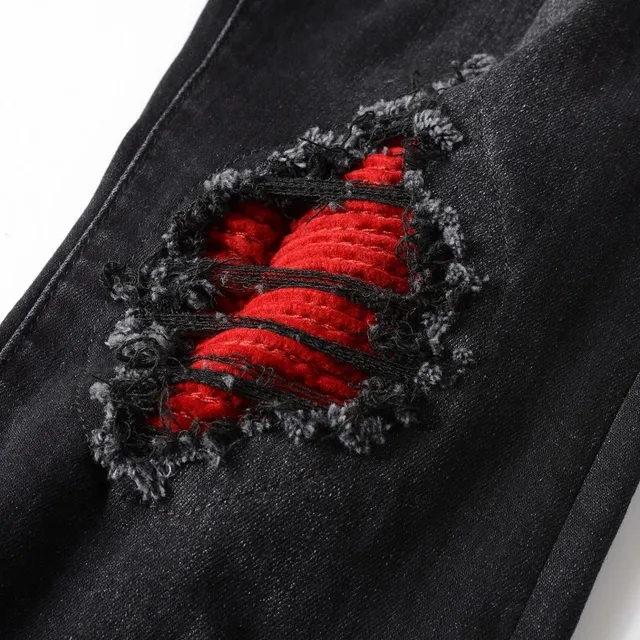 Black Red Distressed Slim-Fit Jeans 7