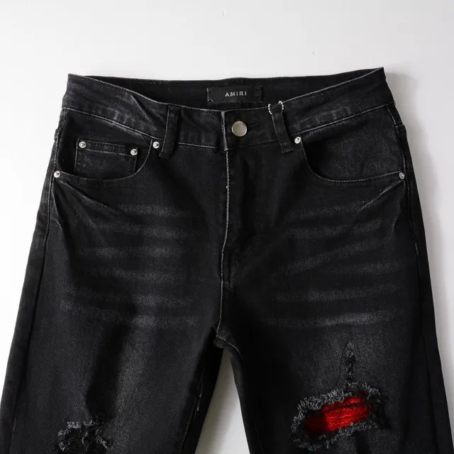 Black Red Distressed Slim-Fit Jeans 11