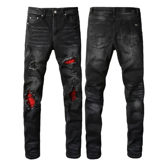 Black Red Distressed Slim-Fit Jeans 12