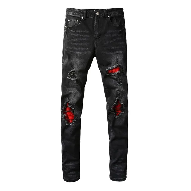 Black Red Distressed Slim-Fit Jeans 14