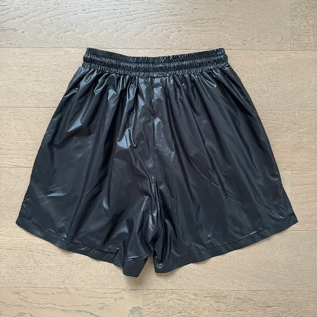 Black Shiny Coated Elastic Waist Shorts 7