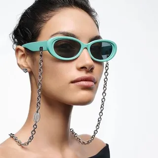 Black Silver Oval-Shaped Frame Thin Sunglasses 5