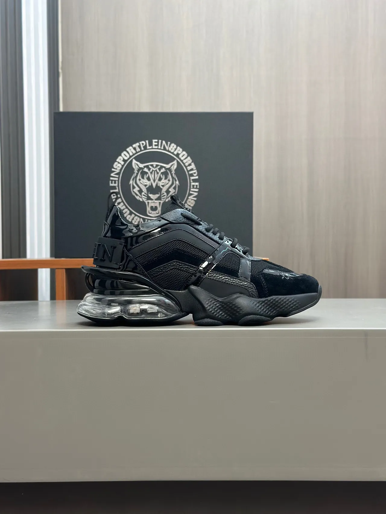 Black Transparent Sole Patent Leather Overlays Chunky Sneakers 3