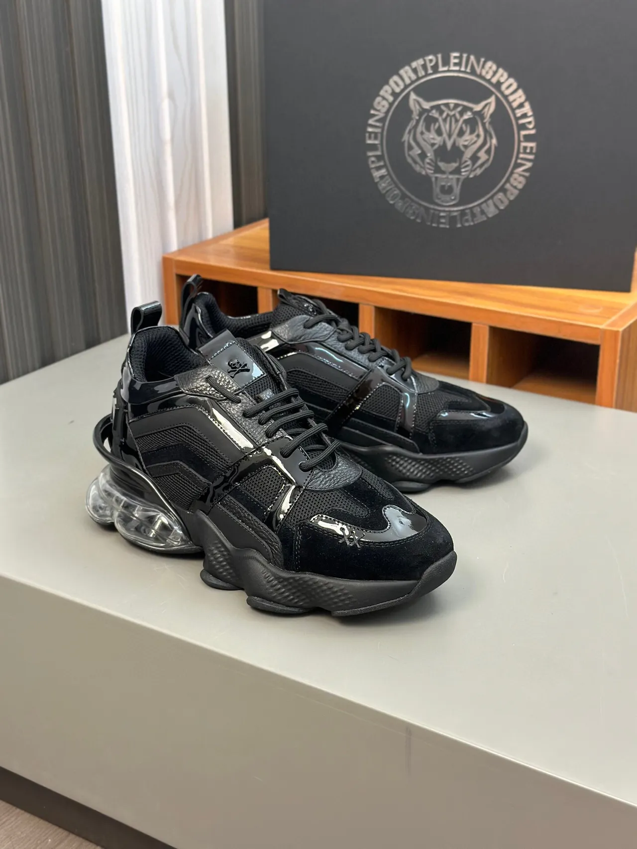 Black Transparent Sole Patent Leather Overlays Chunky Sneakers 4