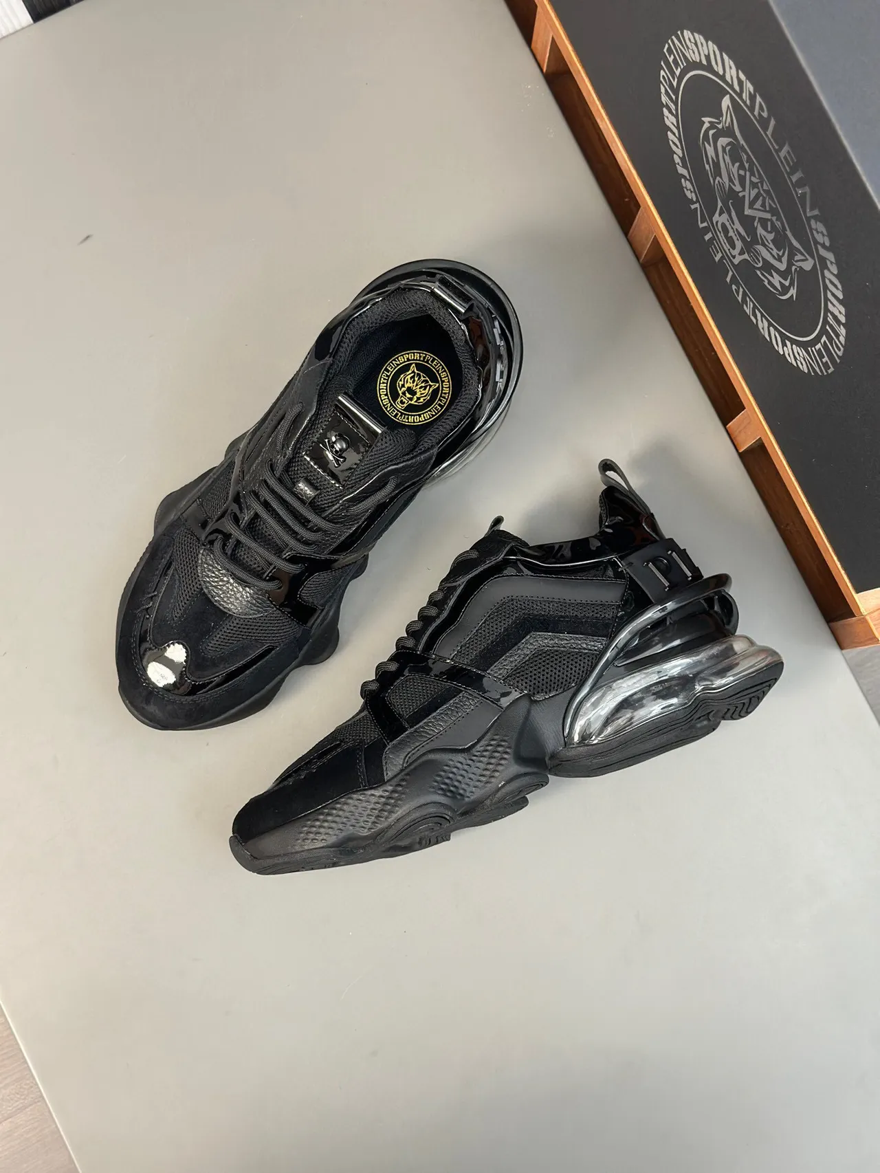 Black Transparent Sole Patent Leather Overlays Chunky Sneakers 6