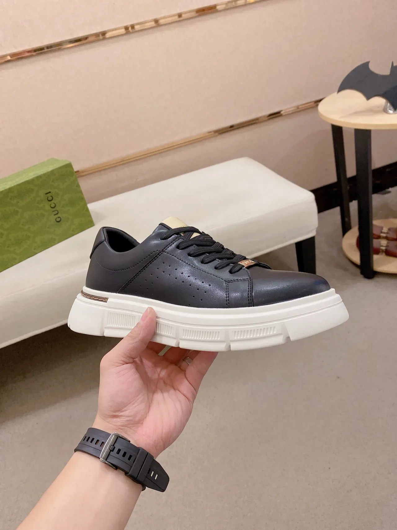 Black White Leather Upper Perforated Side Panel Sneakers 5