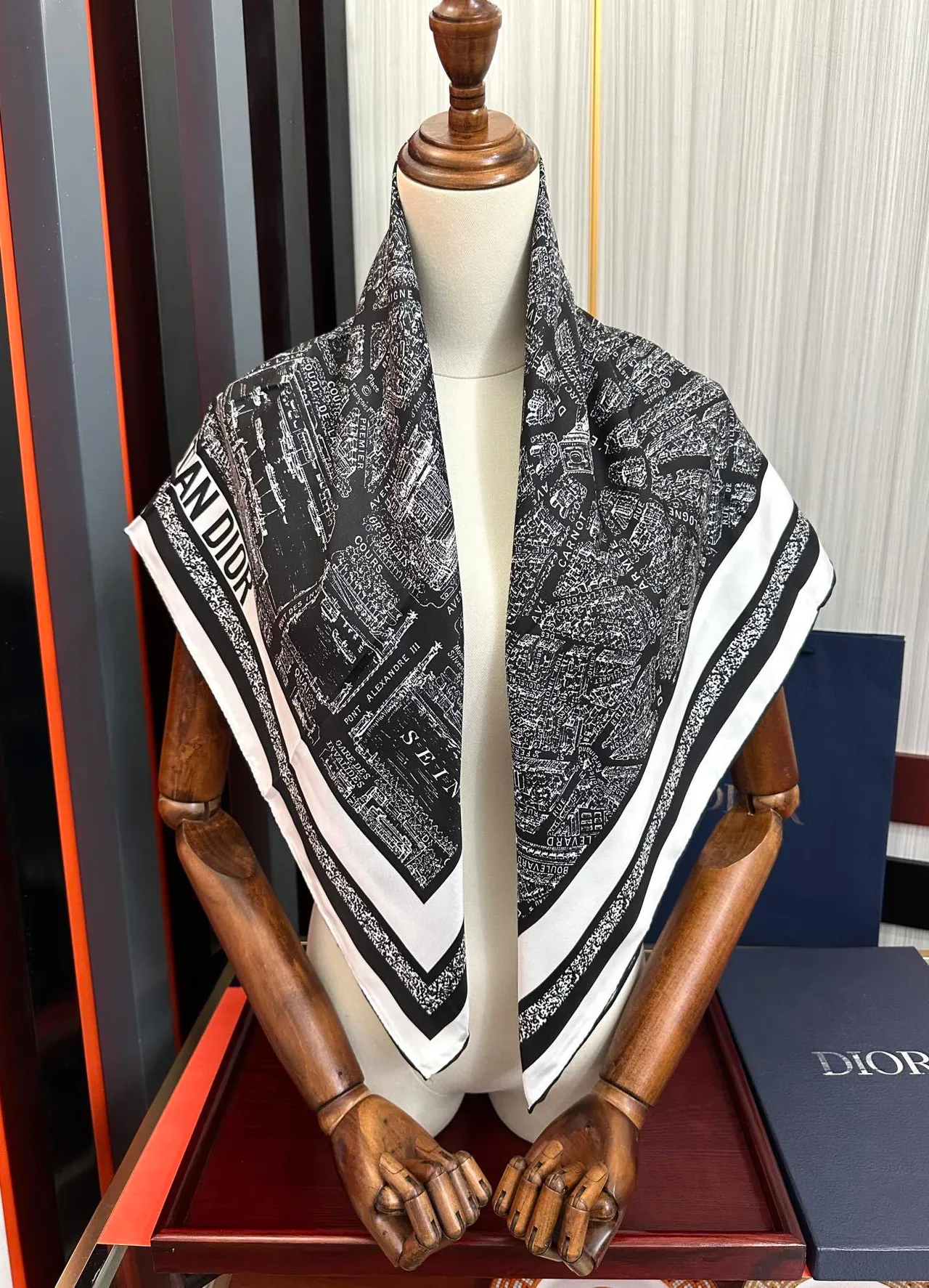 Black White Map-Print Typography Diagonal Striped Border Silk Scarf 2