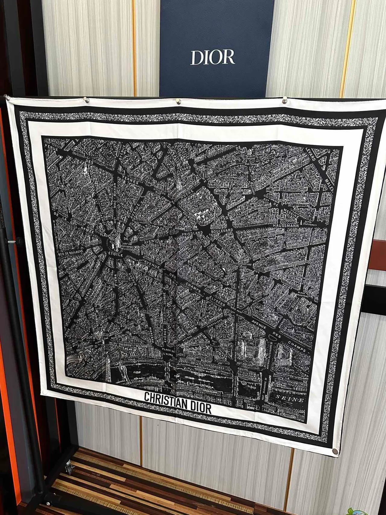 Black White Map-Print Typography Diagonal Striped Border Silk Scarf 3