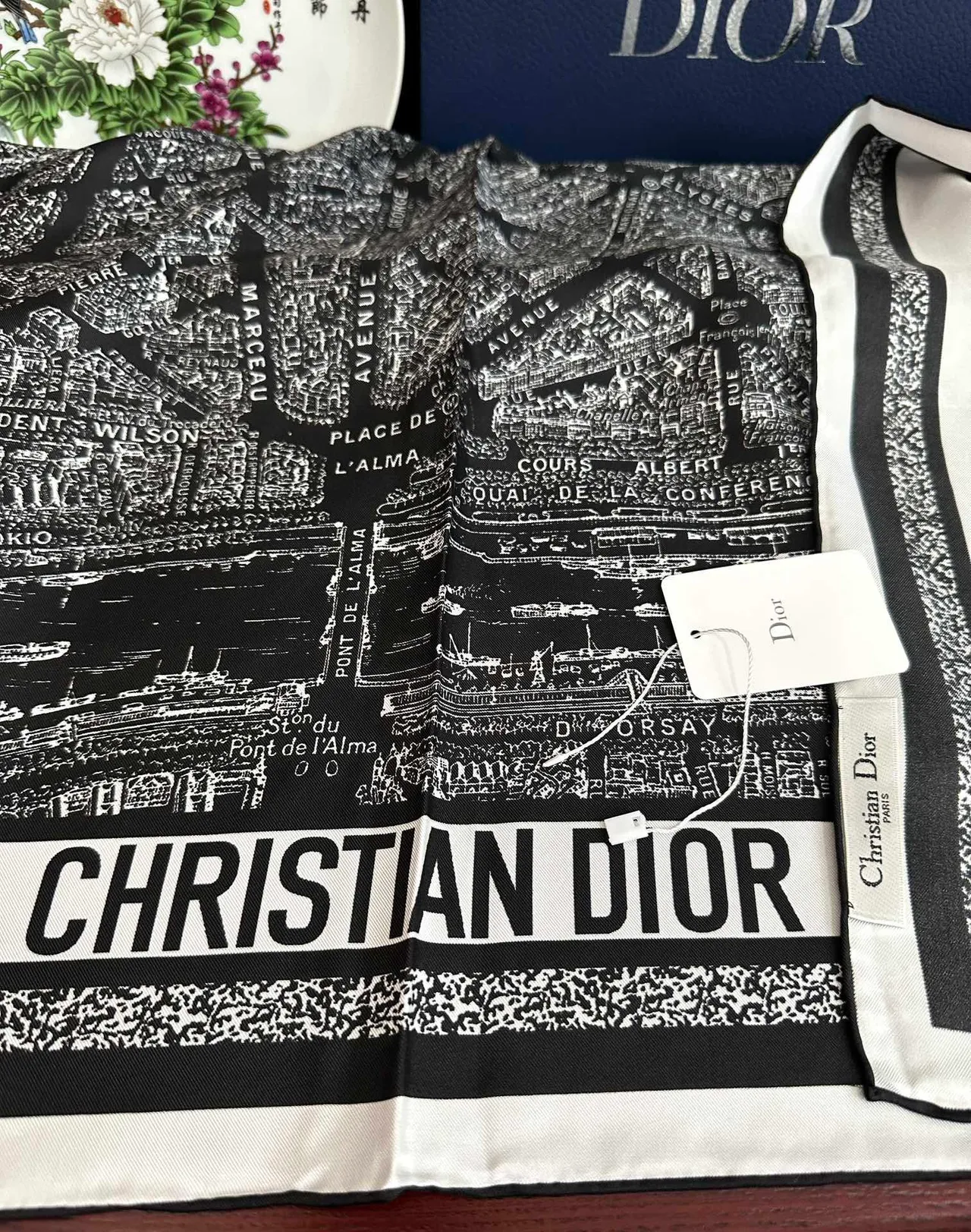 Black White Map-Print Typography Diagonal Striped Border Silk Scarf 4
