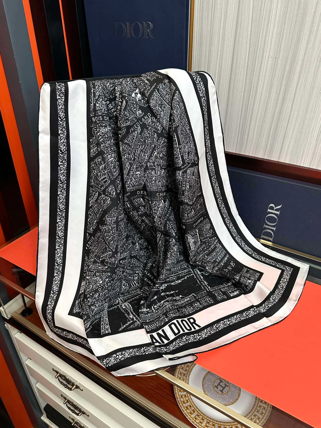 Black White Map-Print Typography Diagonal Striped Border Silk Scarf 5