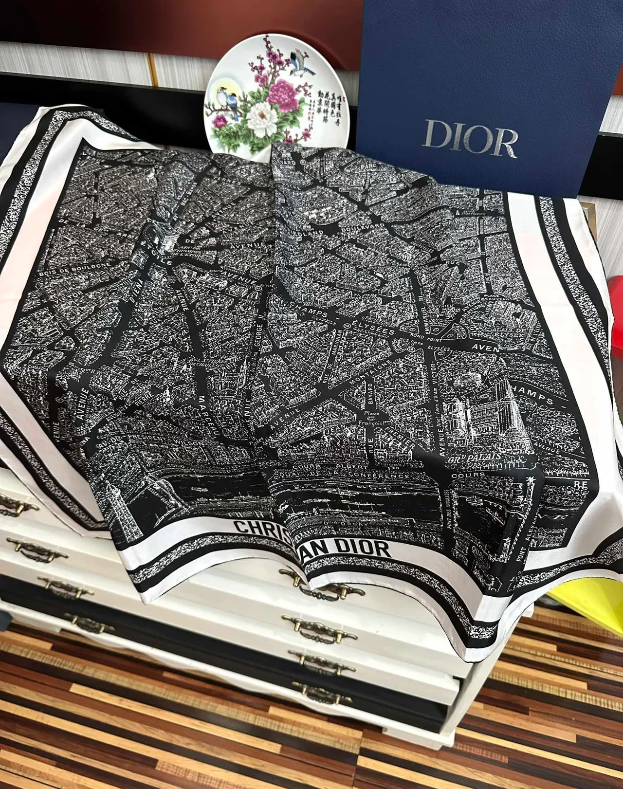 Black White Map-Print Typography Diagonal Striped Border Silk Scarf 6
