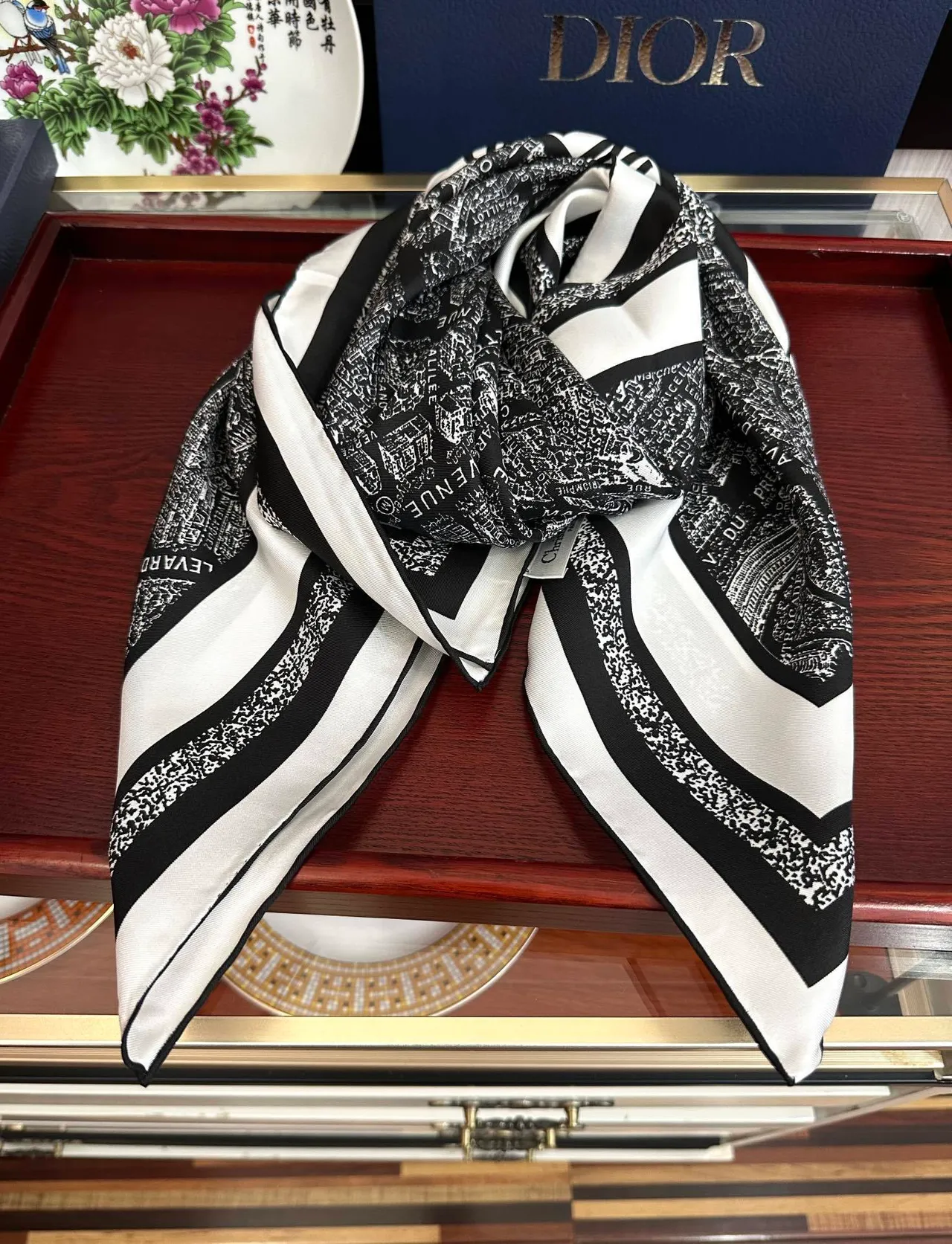 Black White Map-Print Typography Diagonal Striped Border Silk Scarf 7