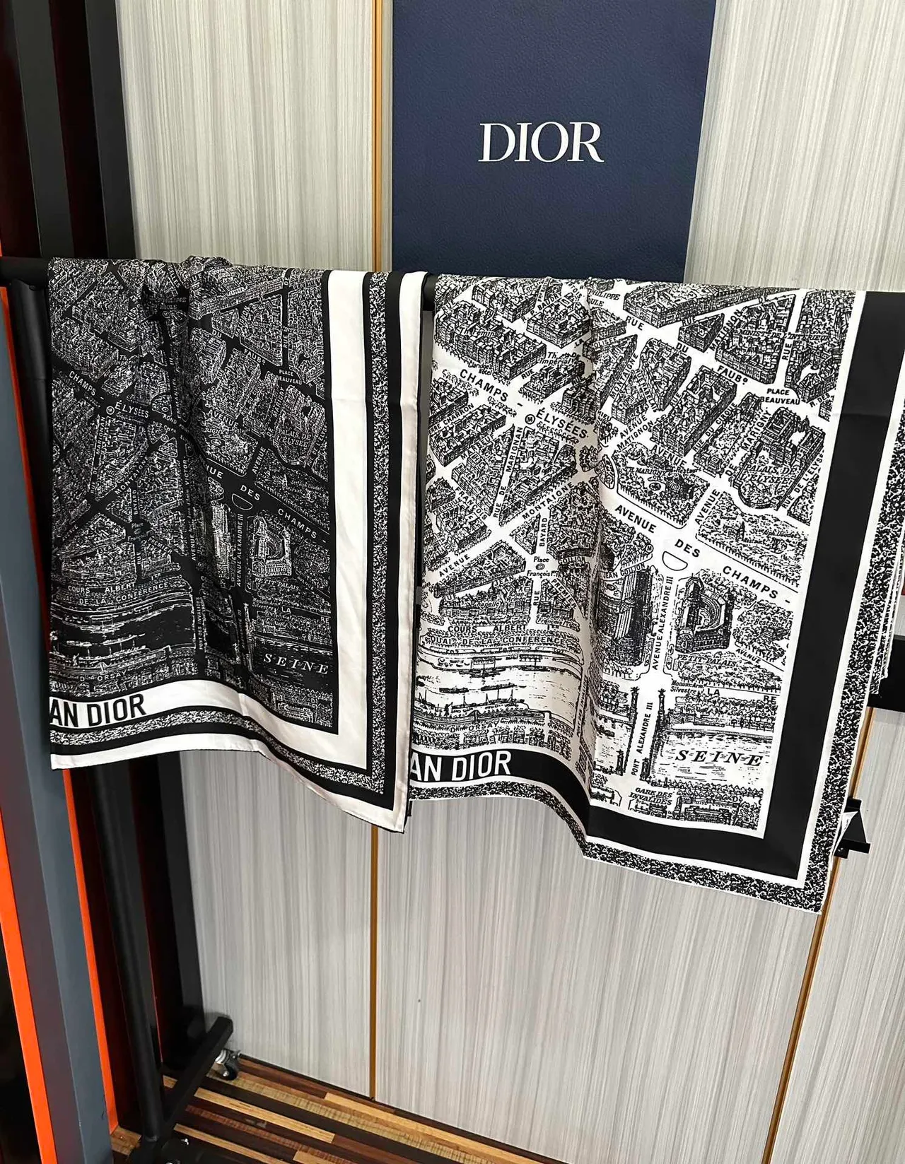 Black White Map-Print Typography Diagonal Striped Border Silk Scarf 9