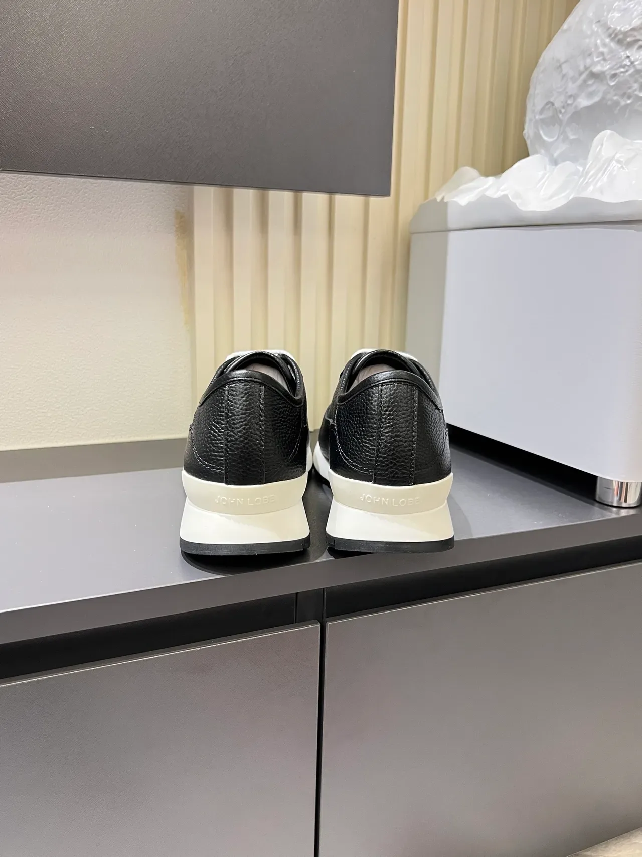 Black White Pebbled Leather Upper Flat Laces Sneakers 2