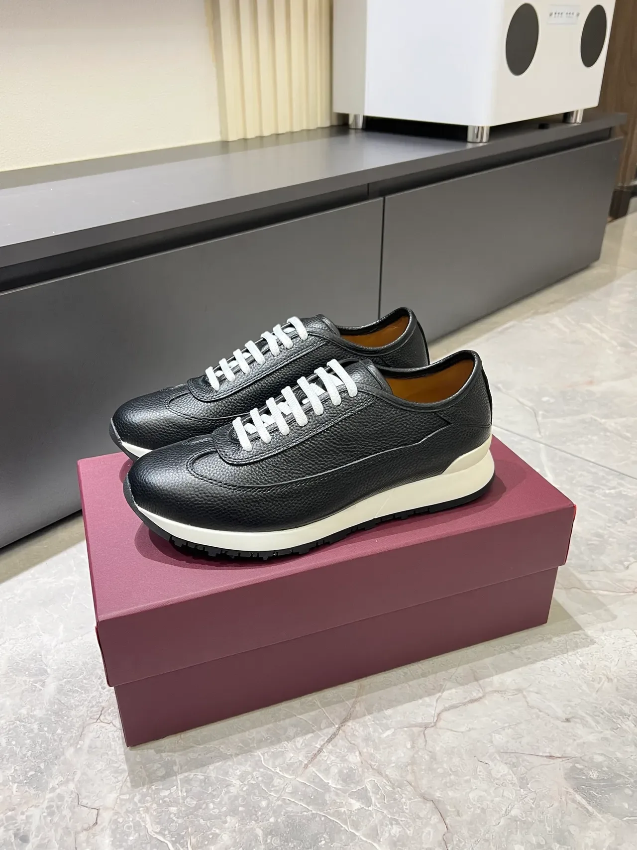 Black White Pebbled Leather Upper Flat Laces Sneakers 5