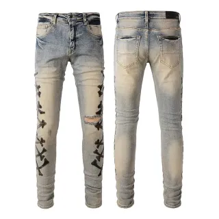 Blue Black Light-Wash Distressed Slim-Fit Jeans