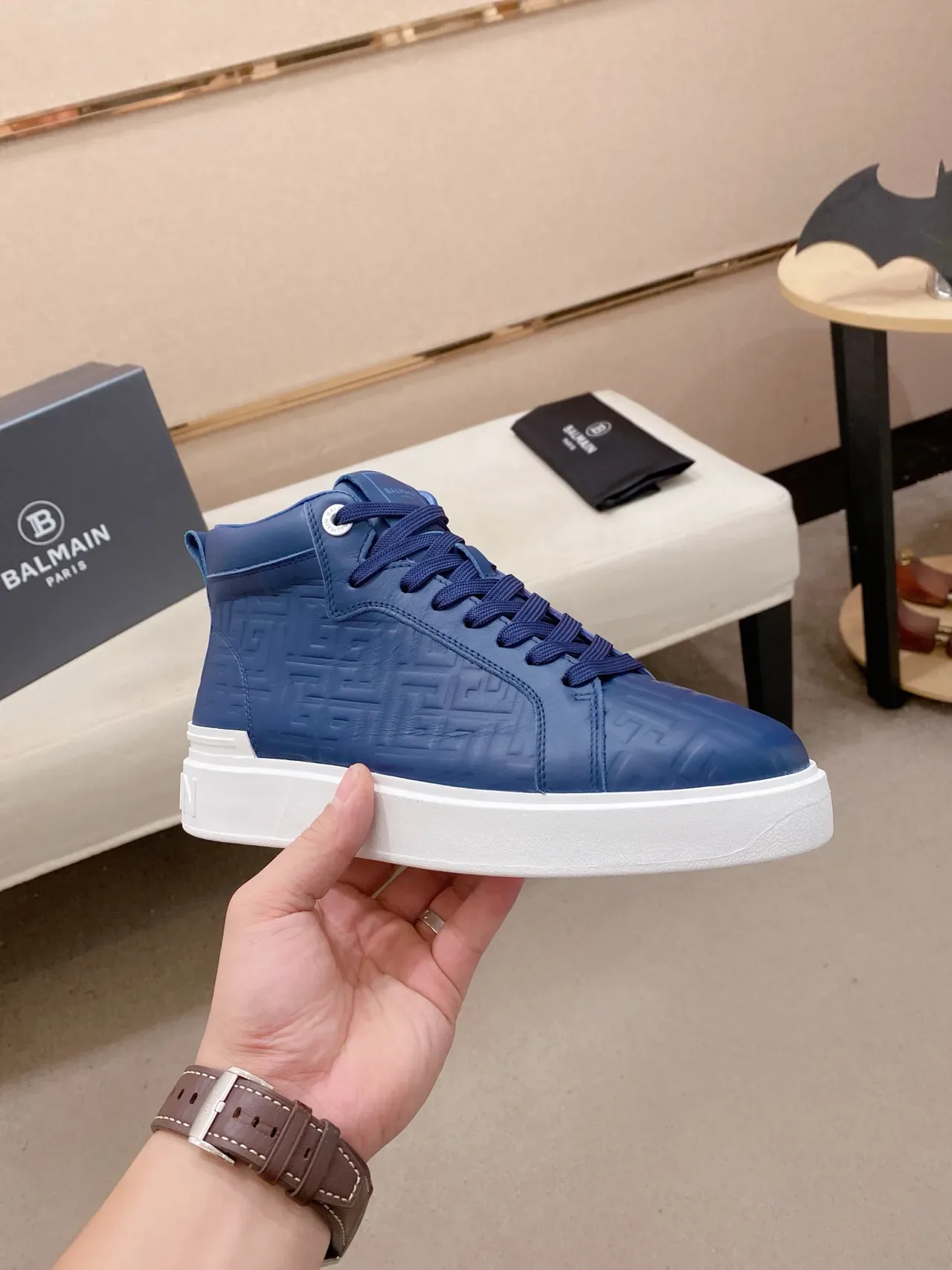 Blue Embossed Greek Key High-Top Lifestyle Sneaker 4