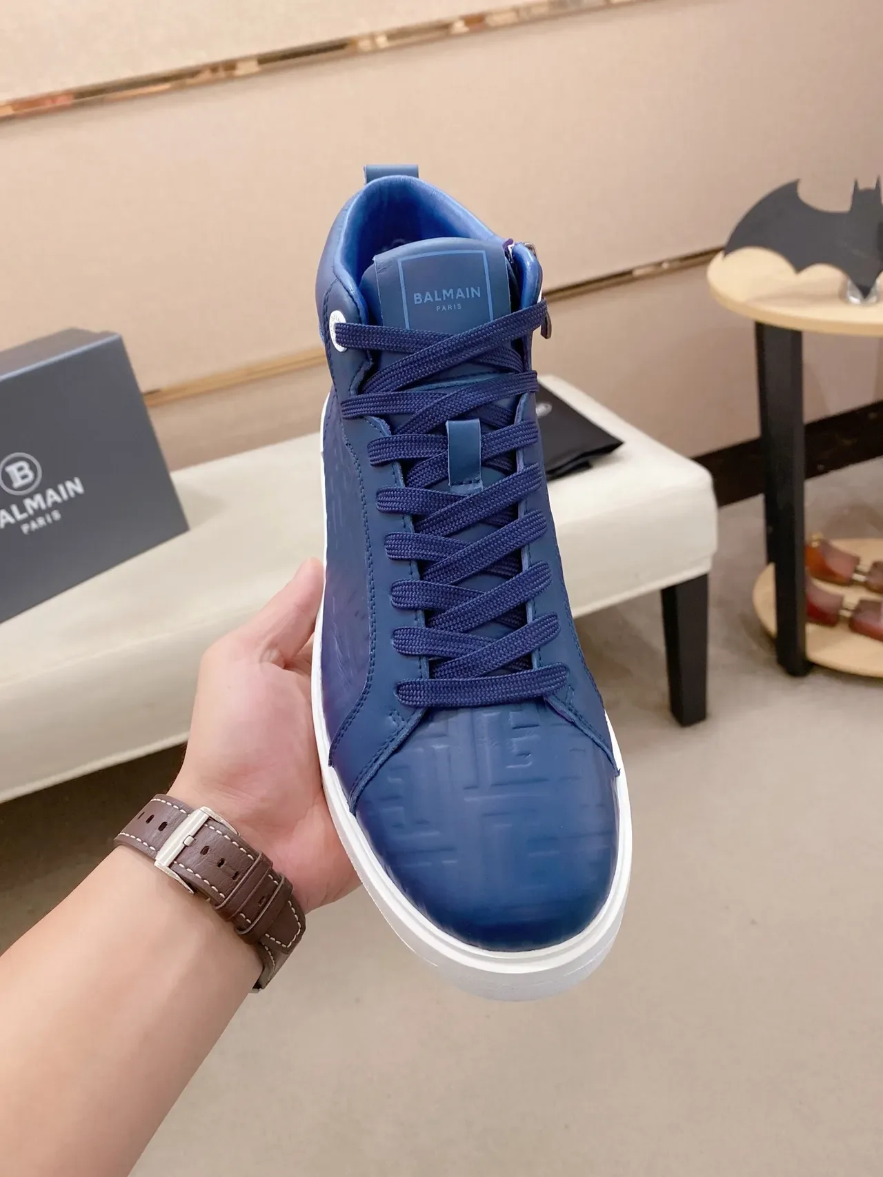 Blue Embossed Greek Key High-Top Lifestyle Sneaker 5