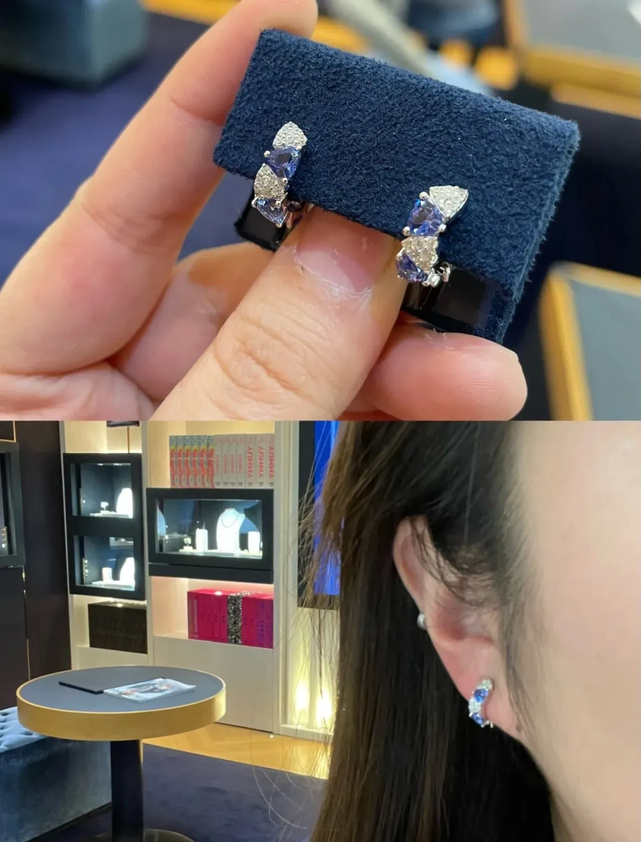 Blue Gemstone and Pavé Crystal Dangling Earrings 4