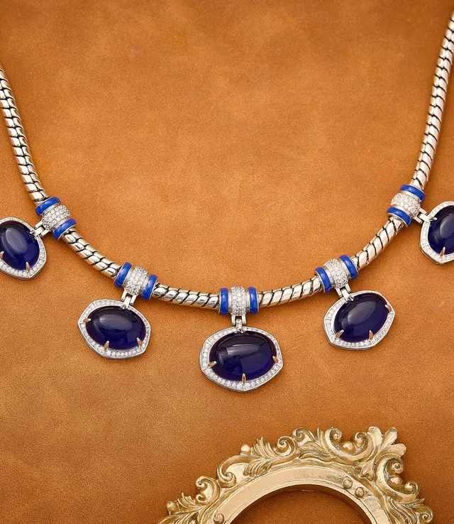Blue Silver Braided Snake-Chain Five Oval Cabochon Pendants Necklace 2