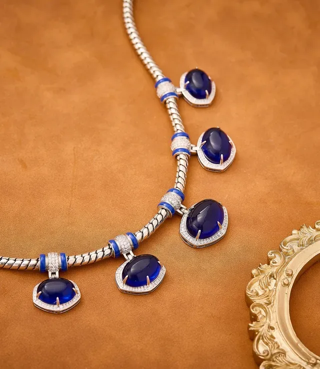 Blue Silver Braided Snake-Chain Five Oval Cabochon Pendants Necklace 3