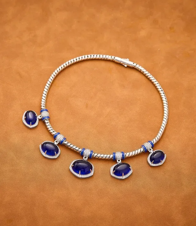 Blue Silver Braided Snake-Chain Five Oval Cabochon Pendants Necklace 4