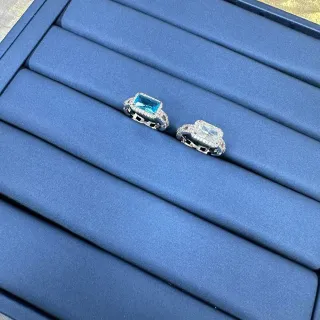 Blue Silver Rectangular Emerald-Cut Center Stone Pavé Diamond Halo Ring