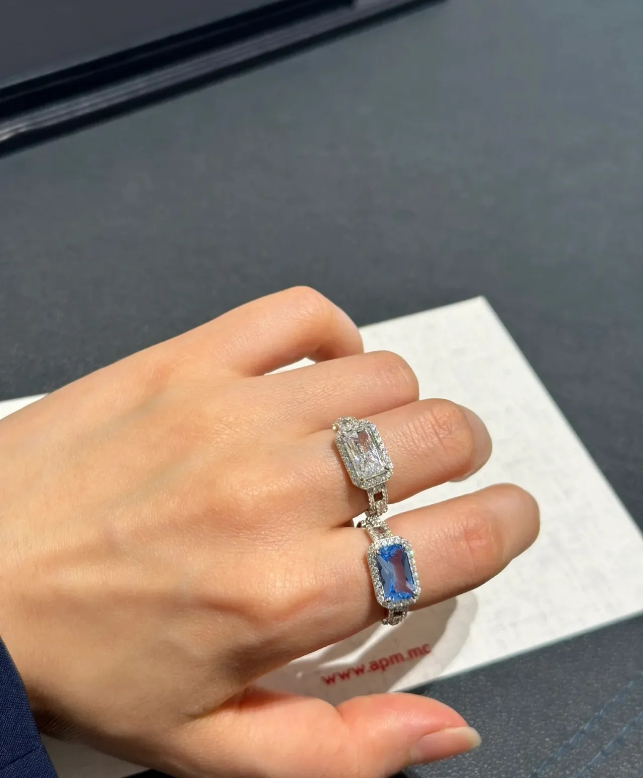 Blue Silver Rectangular Emerald-Cut Center Stone Pavé Diamond Halo Ring 3