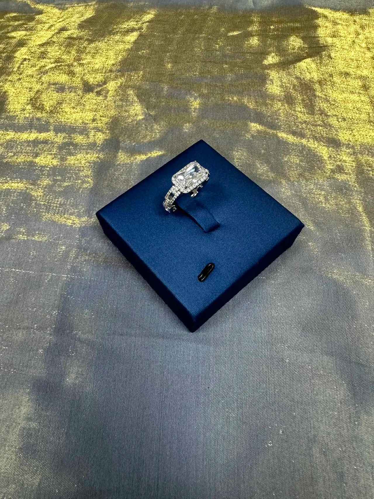 Blue Silver Rectangular Emerald-Cut Center Stone Pavé Diamond Halo Ring 7