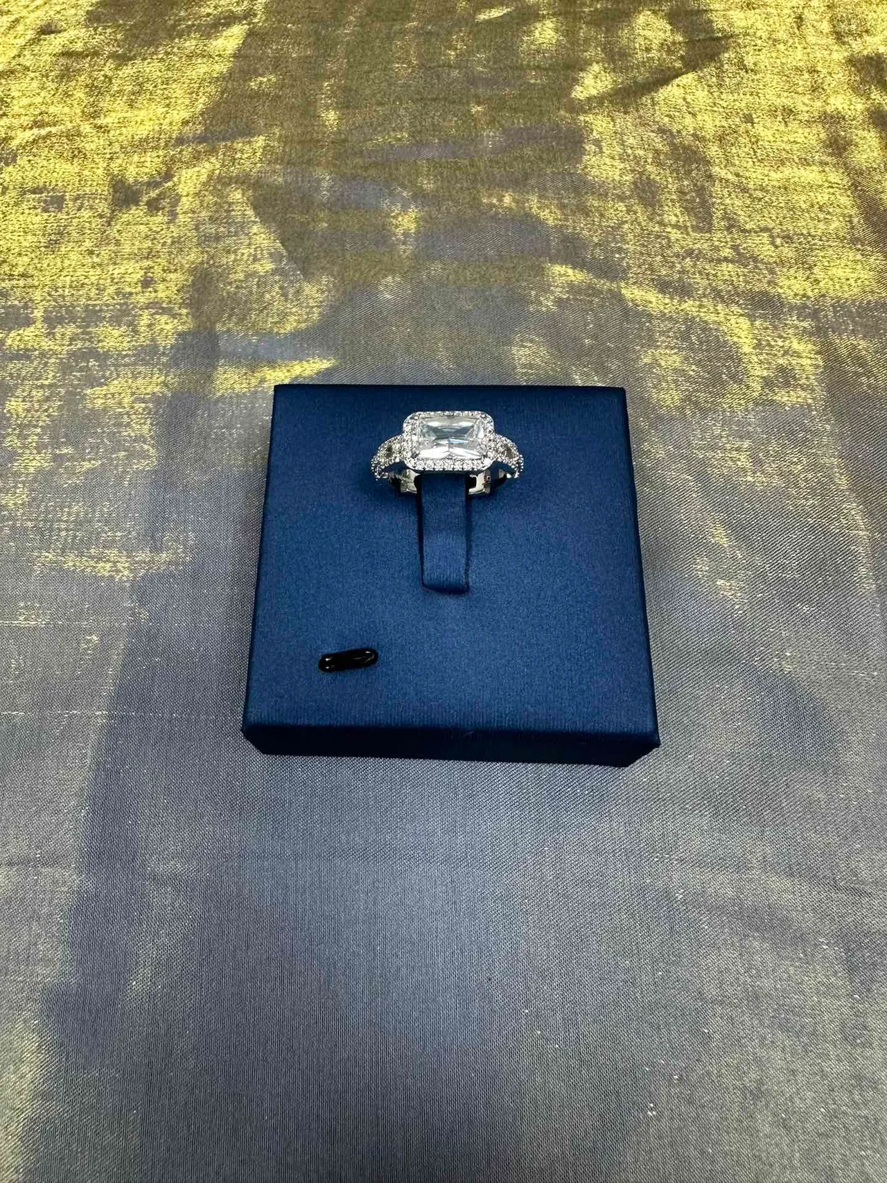 Blue Silver Rectangular Emerald-Cut Center Stone Pavé Diamond Halo Ring 8