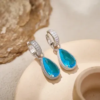 Blue Silver Teardrop Pendant Pavé Halo Earrings