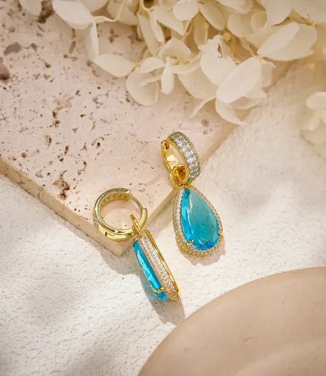 Blue Silver Teardrop Pendant Pavé Halo Earrings 2