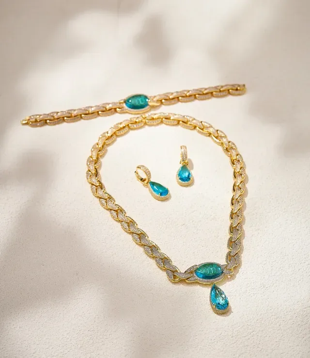 Blue Silver Teardrop Pendant Pavé Halo Earrings 3