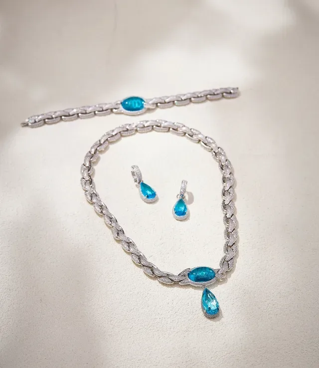 Blue Silver Teardrop Pendant Pavé Halo Earrings 5