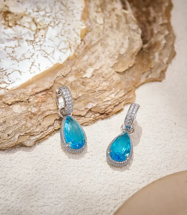 Blue Silver Teardrop Pendant Pavé Halo Earrings 7