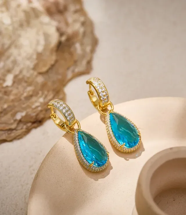 Blue Silver Teardrop Pendant Pavé Halo Earrings 8