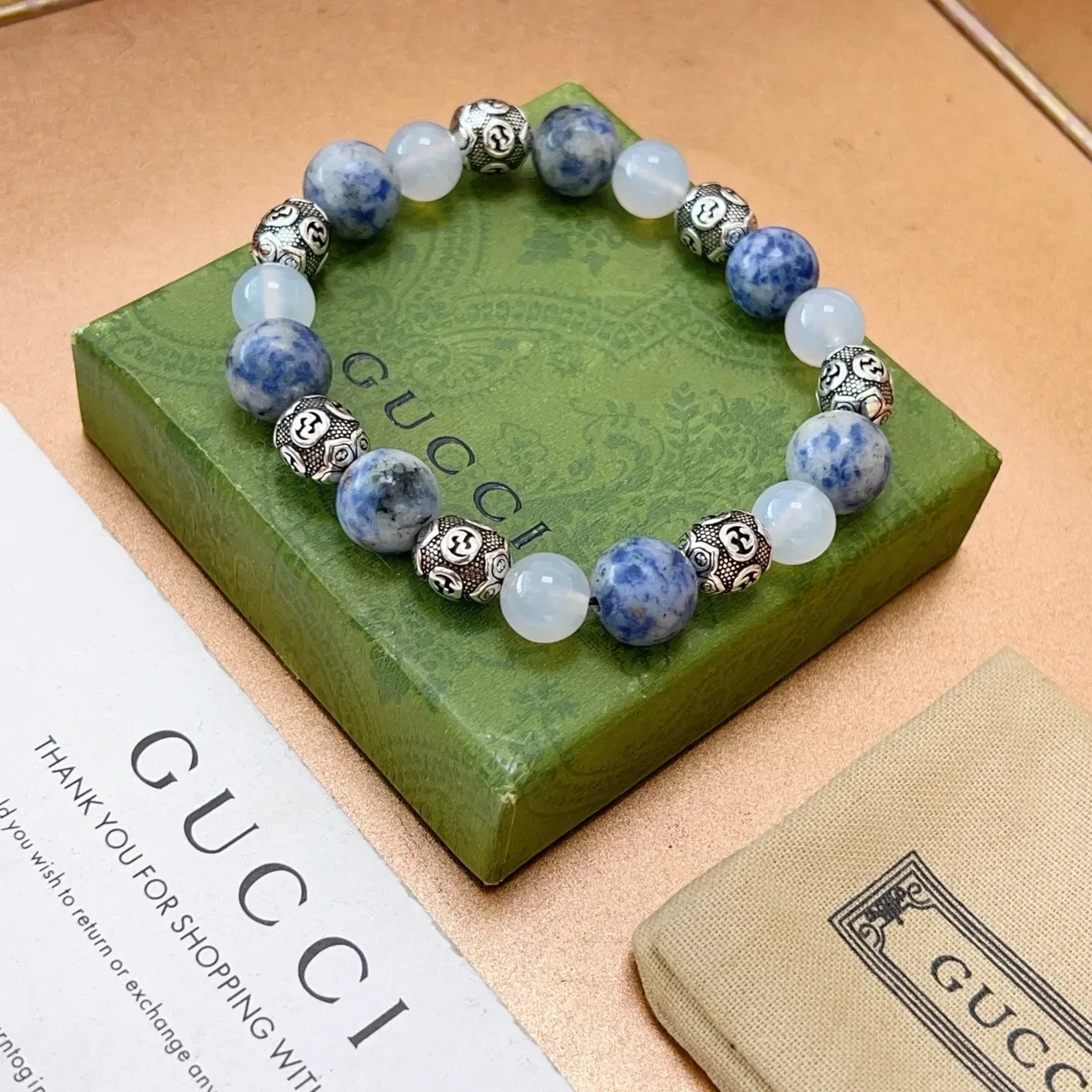 Blue White Beaded Stone And Metal Bracelet 2