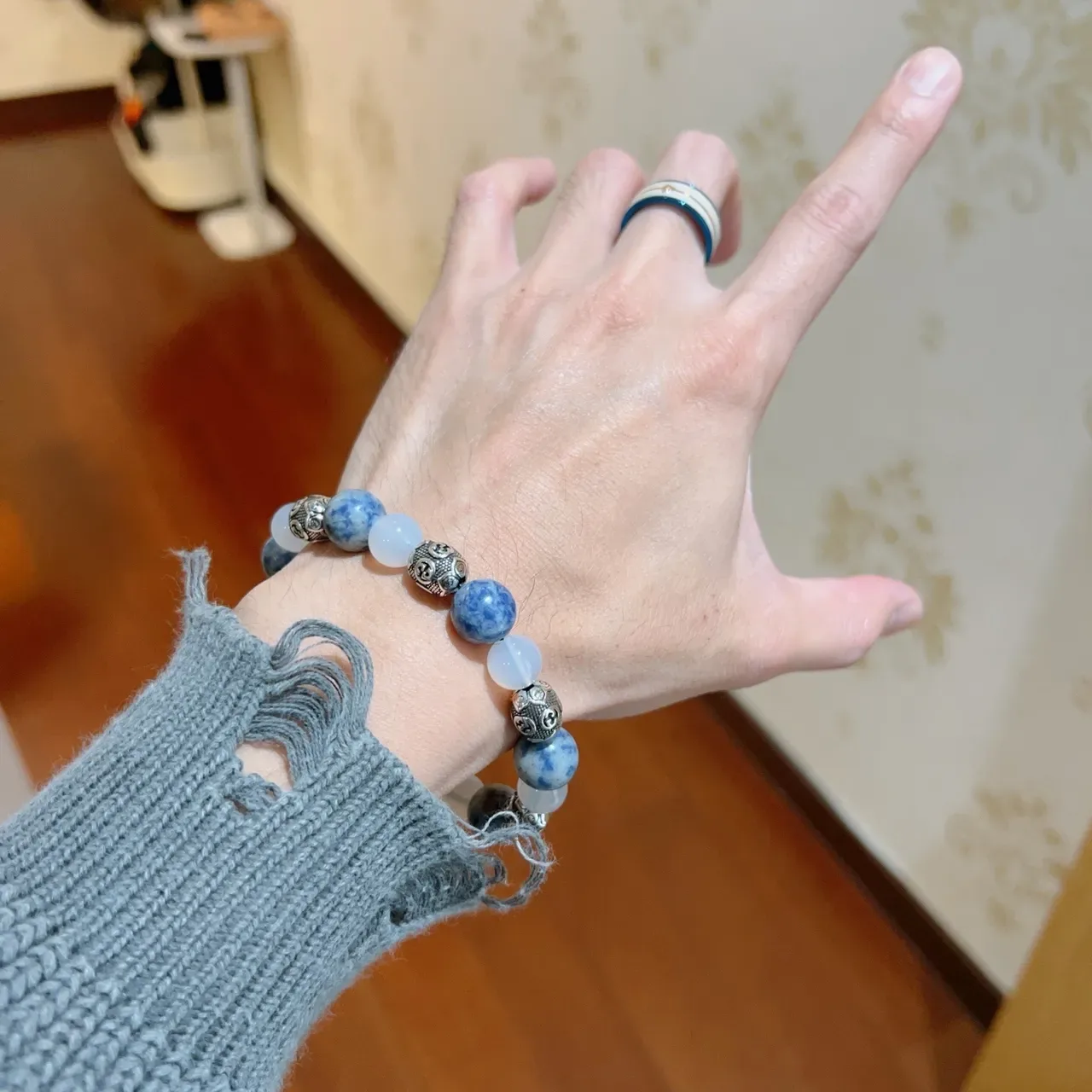 Blue White Beaded Stone And Metal Bracelet 4