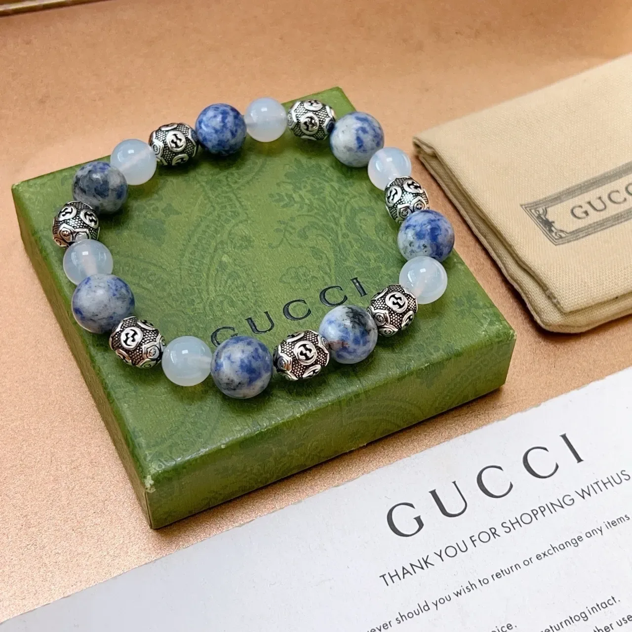 Blue White Beaded Stone And Metal Bracelet 5