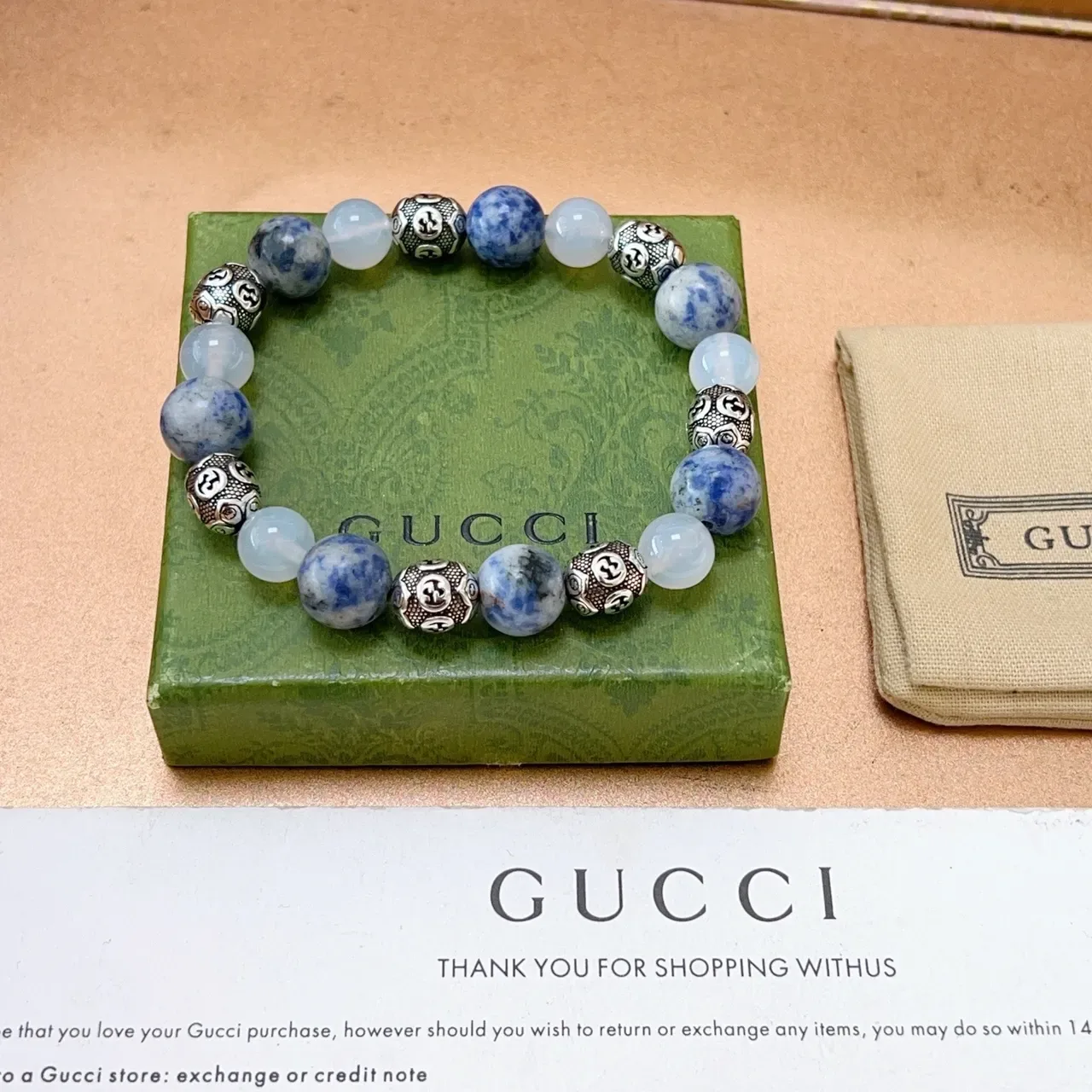 Blue White Beaded Stone And Metal Bracelet 6