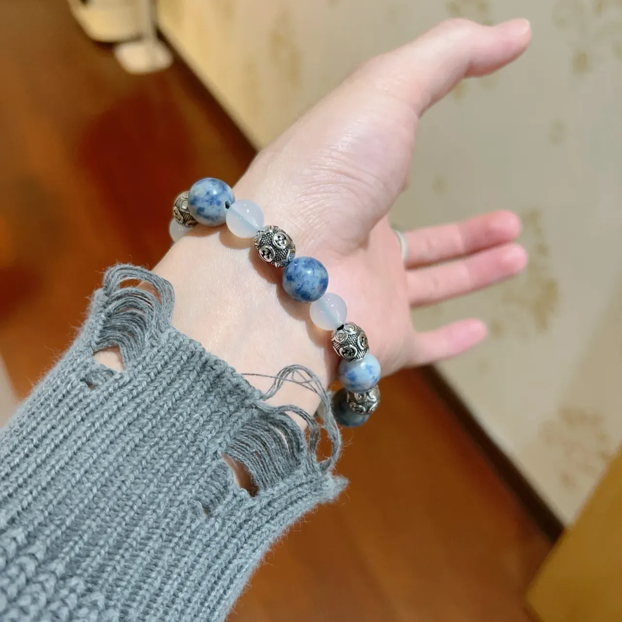 Blue White Beaded Stone And Metal Bracelet 7