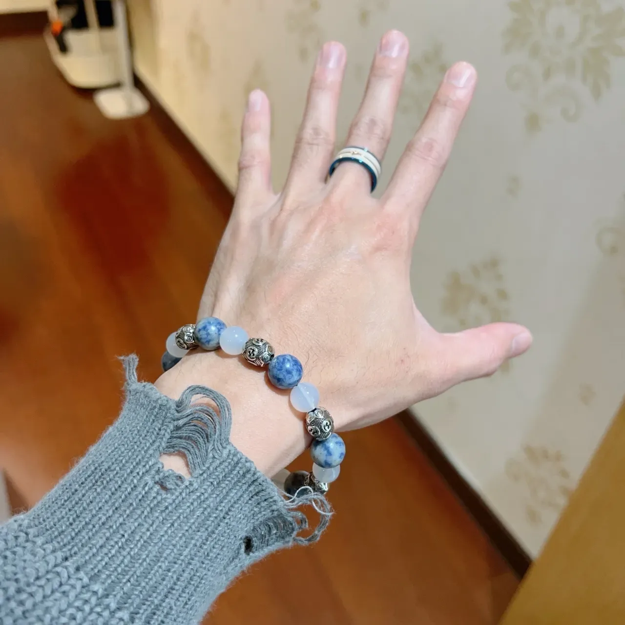 Blue White Beaded Stone And Metal Bracelet 8