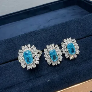 Blue White Floral Halo Setting Oval-Cut Central Gemstone Earrings