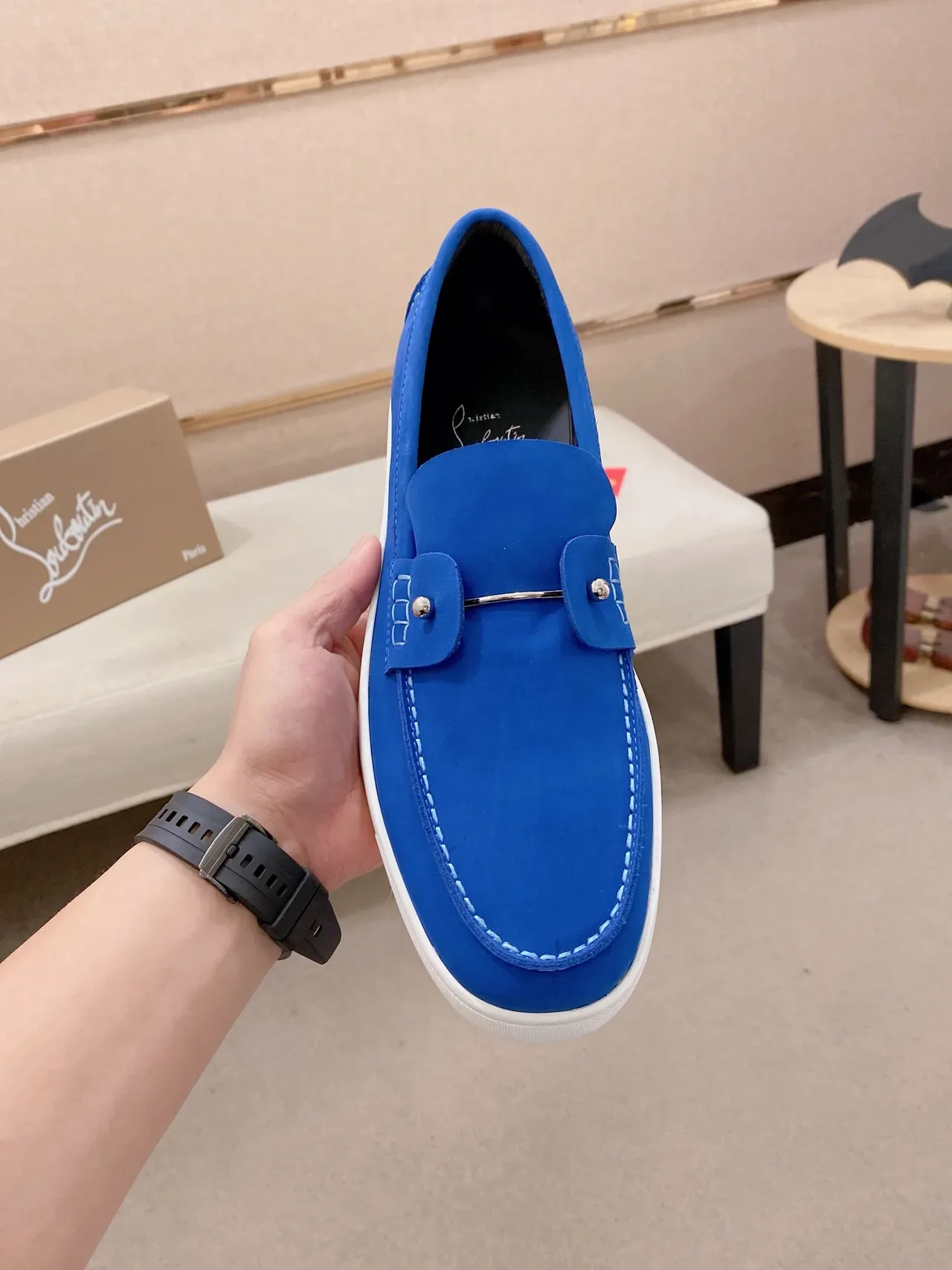 Blue White Suede-Like Upper Contrast Stitching Loafer 5