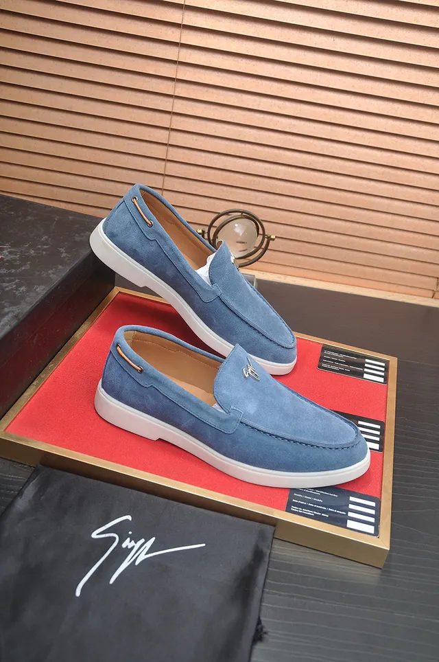 Blue White Suede Upper Moc-Toe Stitching Loafer 6