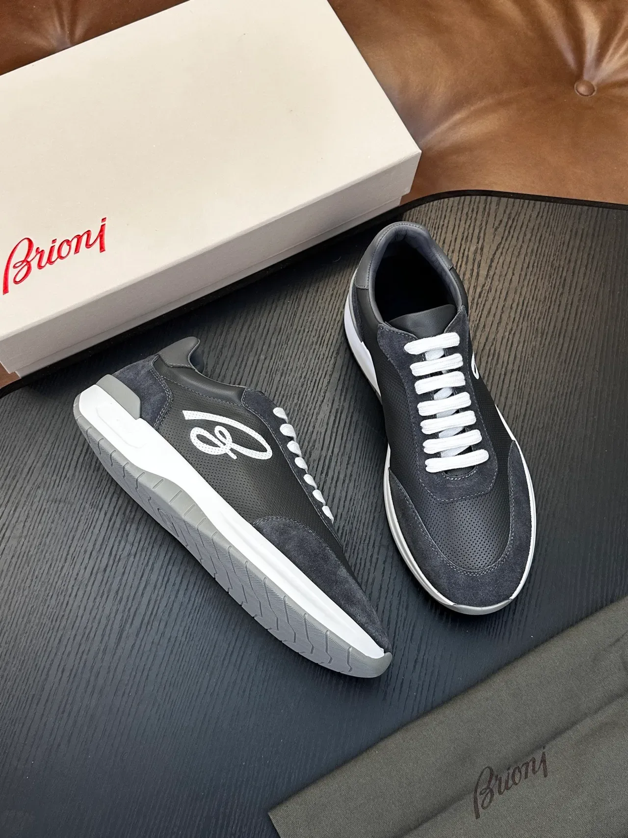 Brioni Dark Gray Suede and Mesh Lifestyle Sneaker 4